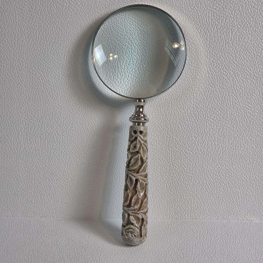 Carved Stone Leaf Handle Magnifying Glass Decorative Desk Reader Tool Office - Picture 2 of 8